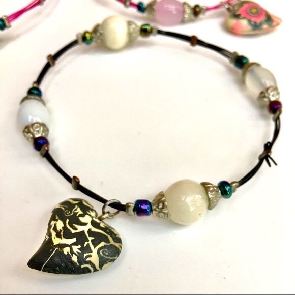 Polymer Heart Charm & Bead Wire Bracelet Set of 3 - Picture 2 of 8